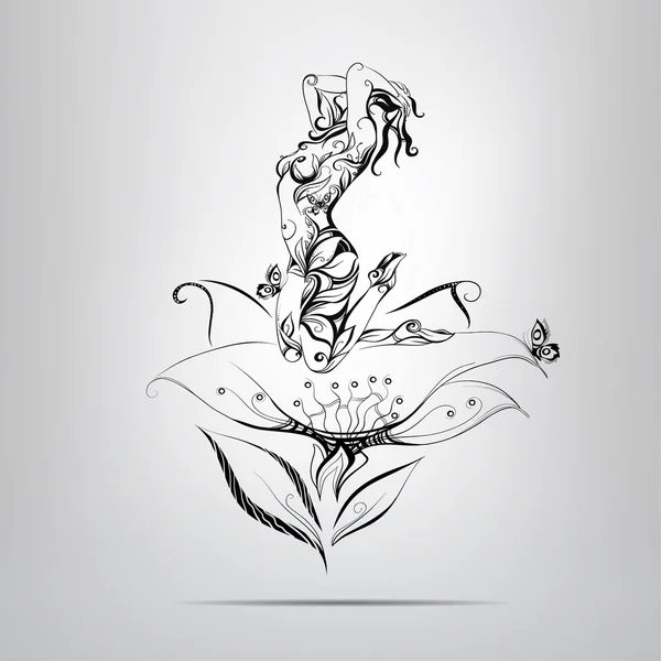 Chica sentada en flor — Vector de stock