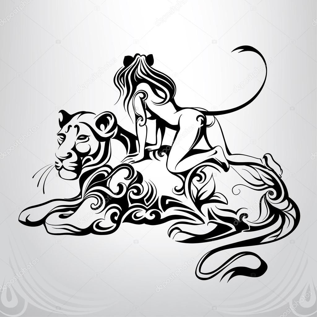 Girl  cat astride a panther