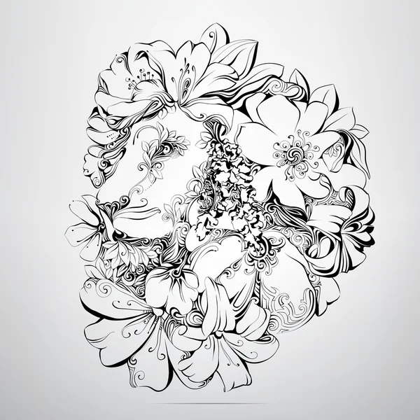 Löwenkopf in Blumenschmuck — Stockvektor