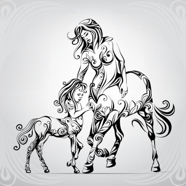 Mother and child centaurs in ornament clipart
