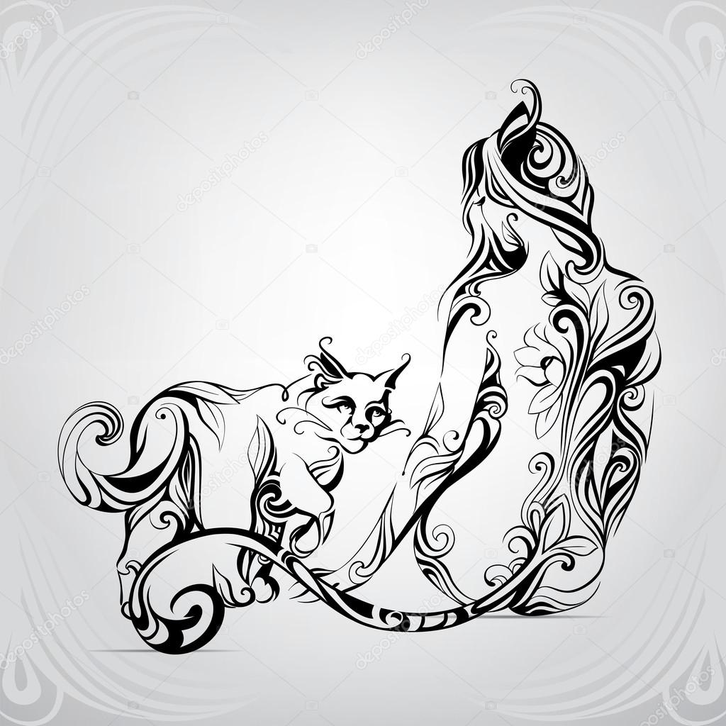 Silhouette Of Girl Cat With Black Cat Stock Vector C Nutriaaa