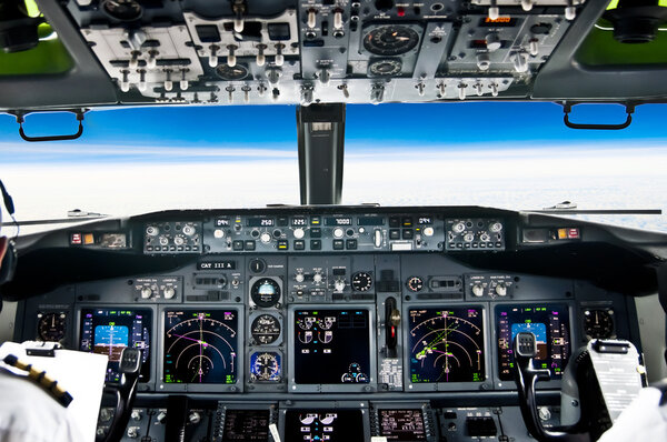 View from the flight deck of modern airliner plane