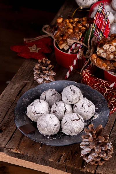 Traditional Christmas Almond Chocolate Snowballs Cookies Biscuits Covered Icing Sugar — Stock Photo, Image