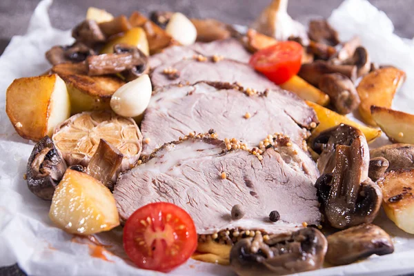 Slices Roasted Meat Cold Boiled Pork Mushrooms Potato Garlic Cherry — Stock Fotó