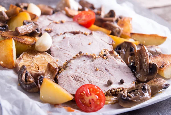 Dinner Set Baked Potato Cold Boiled Pork Meat Fried Mushrooms — Stock Fotó