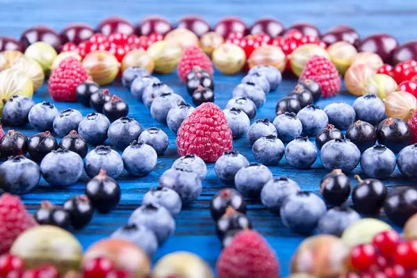 Ornament Assorted Fruits Berries Gooseberries Raspberry Red Black Currant Blueberry — Fotografia de Stock