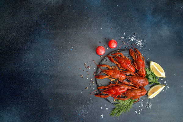 Boiled cooked crayfish crawfish ready to eat on black deep blue background. Copy space. Overhead. Copy space.