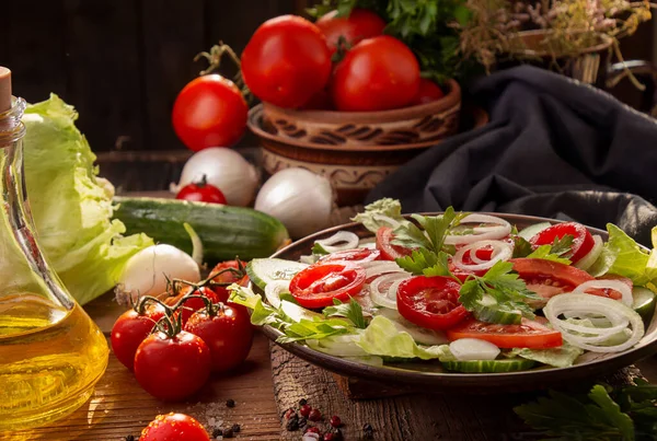 Ingredients Vegetable Salad White Onion Cucumber Tomatoes Lettuce Parsley Rustic — Stock Photo, Image