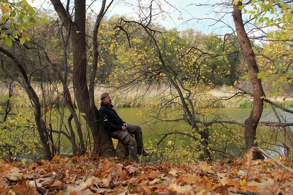 Un hombre barbudo sentado en un tronco de árbol en el bosque de otoño —  Fotos de Stock