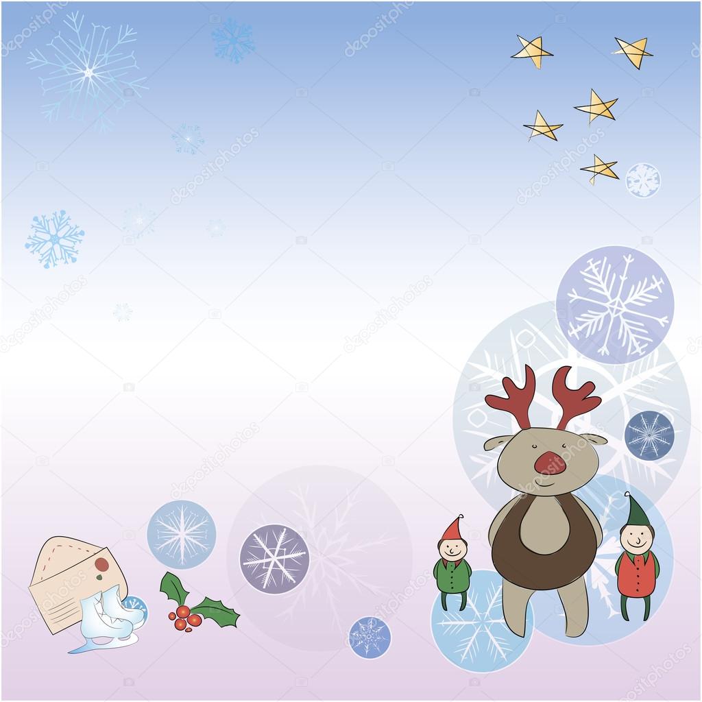 A square christmas card with reindeer and elves. Background with snowflakes, stars, Santa Claus, the envelope and the other located on separate layers - can be turned off.