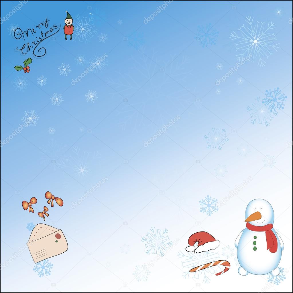 A christmas card with Santa and snowman. background, snowflakes, stars, Santa Claus,  envelope and the staff kept on separate layers