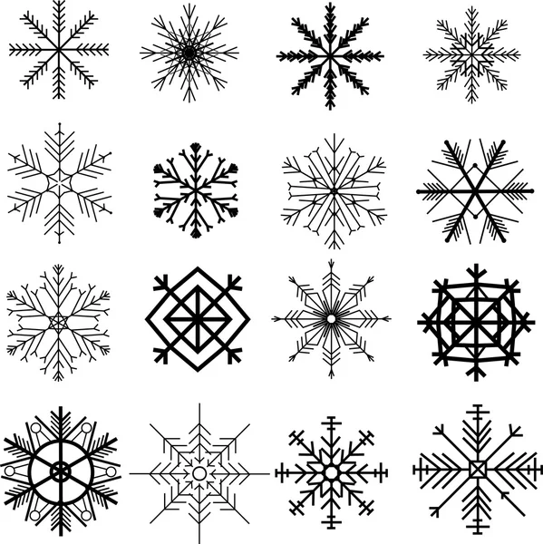 16 Snowflakes monochrome. — Stock Vector