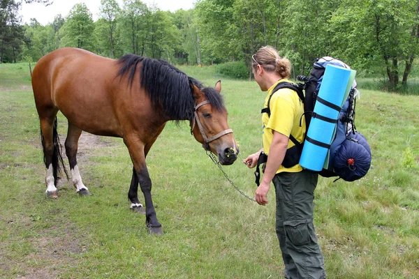 Junger Tourist mit einem Rucksack, der mit dem Pferd und dem — Stockfoto