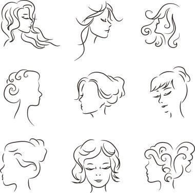 Silhouettes of heads of girls with beautiful hairstyle. Concept clipart