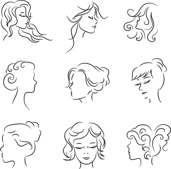 Σιλουέτες των κεφαλών των κοριτσιών με πανέμορφο hairstyle. Έννοια — Διανυσματικό Αρχείο