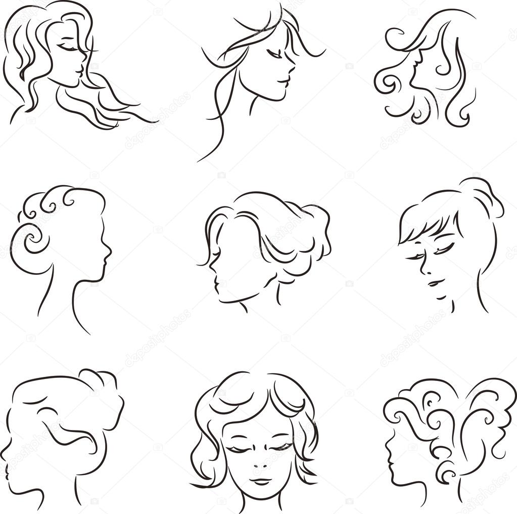 Silhouettes of heads of girls with beautiful hairstyle. Concept