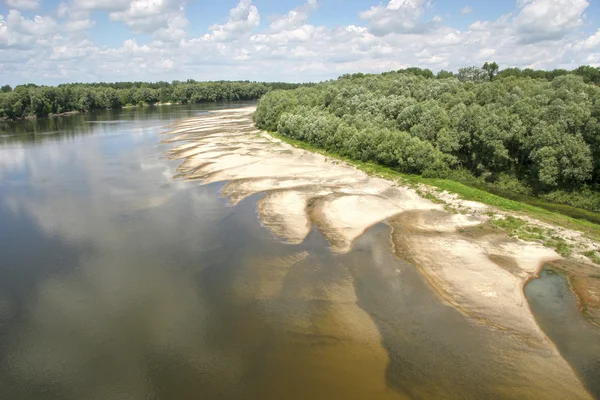 The wide river with a sandy bottom near the green wooded island — Stock Photo, Image