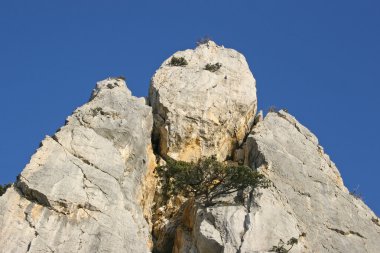 Kayalar mavi gökyüzüne karşı dev bir raptor şeklinde. Taş