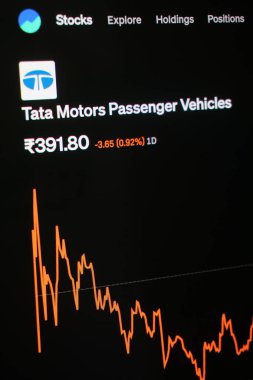 KERALA, INDIA OCT 15, 2025 - Tata Motors logosunu koyu mavi metinde gösteren akıllı telefon ekranı, bulanık finansal tabloya karşı ayarlanmış, borsa ve yatırım bağlamını vurguluyor.