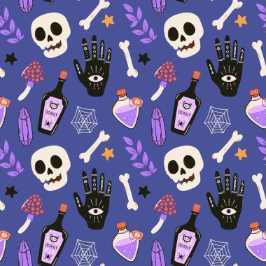 Özel el sembolü, kafatası, zehir ve kristal şişesi olan kusursuz bir Cadılar Bayramı deseni. Şirin ürkütücü vektör çizimi. Şaka mı şeker mi? Tatil geçmişi. Tekstil, ambalaj kağıdı, kumaş tasarımı için el çizimi sonsuz doku. 
