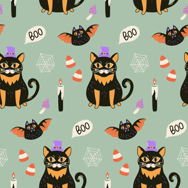 Halloween seamless pattern with cute black cat, bats and spiders web. Spooky vector illustration. Trick or treat holiday background. Hand drawn endless texture for textile, wrapping paper, fabric design. — Stock Illustration Halloween Seamless Pattern Cute Black Cat Bats Spiders Web Spooky Stock Illustration