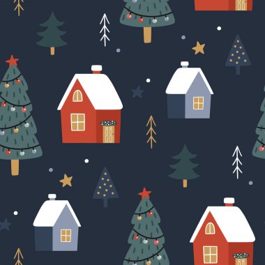 Noel ağacı ve koyu mavi arka planda evleri olan kusursuz bir Noel deseni. El çizimi vektör çizimi. Ambalaj kağıdı, tekstil, kumaş tasarımı için sonsuz tatil dokusu. 