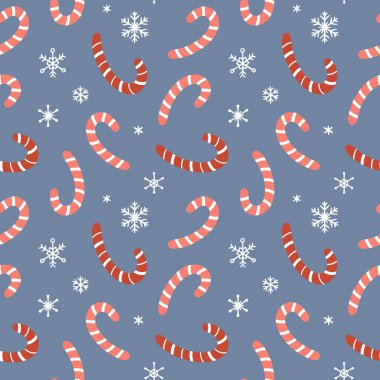 Çubuk şeker ve kar taneleriyle kusursuz bir Noel deseni. Hoş bir şenlik geçmişi var. El çizimi vektör çizimi. Ambalaj kağıdı, tekstil, kumaş tasarımı için sonsuz tatil dokusu. 