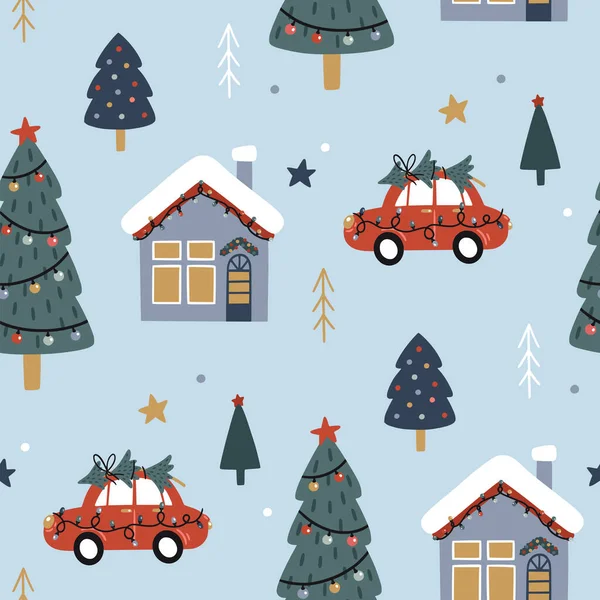 Natal Sem Costura Padrão Com Árvore Natal Carro Casas Fundo — Vetor de Stock