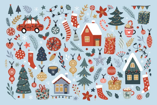 Hoş Evler Ağaçlar Noel Süsleri Takılar Dallar Çoraplar Hediyeler Sıcak — Stok Vektör