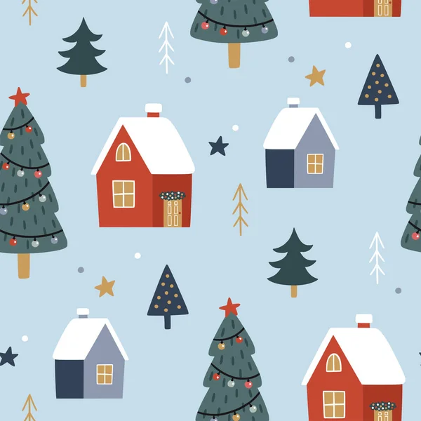 Natal Sem Costura Padrão Com Árvore Natal Casas Fundo Festivo — Vetor de Stock