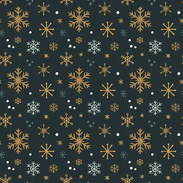 Christmas Seamless Pattern Golden Stars Snowflakes Dark Green Background Hand — Stock Vector