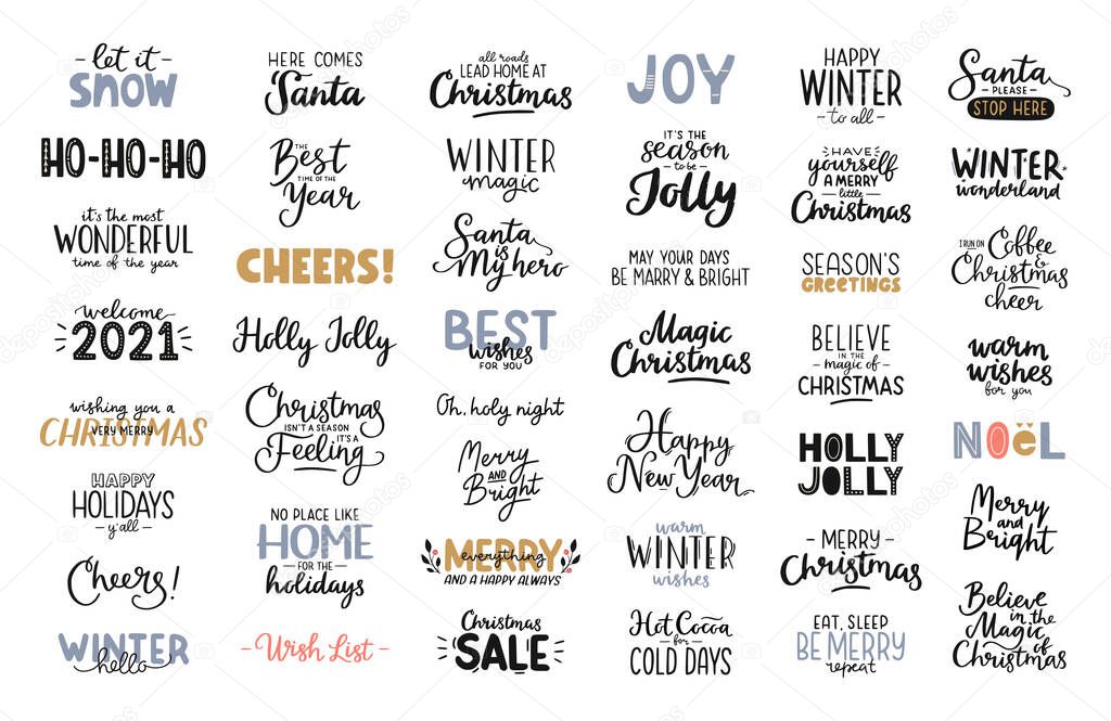Christmas and Happy New Year lettering set. Hand drawn holiday quotes and phrases. Vector illustration for banners, posters, stickers, cards.