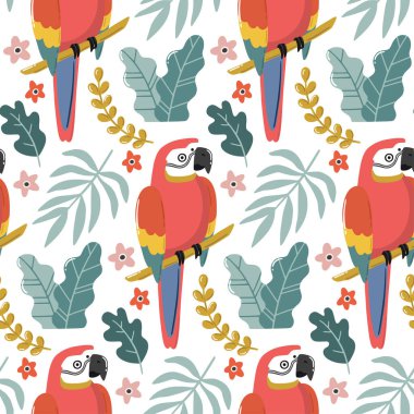 Egzotik kuşları, dalları ve yaprakları olan tropik, pürüzsüz bir desen. Güzel bir yaz geçmişi var. El çizimi vektör çizimi. Paketleme, tekstil, kumaş tasarımı için renkli sonsuz doku.