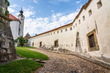 Ptuj 'da manzara, Slovenya' nın Drava nehrinin güzel şehri, güneşli bir yaz öğleden sonrasında.