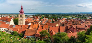 Ptuj 'da manzara, Slovenya' nın Drava nehrinin güzel şehri, güneşli bir yaz öğleden sonrasında.