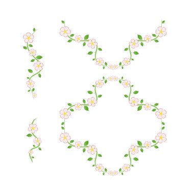 Yeşil yapraklarla süslenmiş vektör çiçek seti. Kıvırcık eşkenar çerçeve ve onun oluşumu için detaylar. Yumuşak pastel renkler. Kendi tasarımlarını yaratabilirsin..
