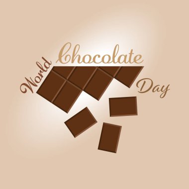 Açık bej arka planda, dünyaya çikolata gününe adanmış vektör illüstrasyonu. Çikolata parçalı çikolata. Poster, afiş, imza ve diğer tasarım amaçları