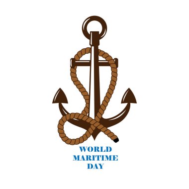 Dünya Deniz Günü 'ne adanmış vektör illüstrasyonu. Denizci çapası ve ip. Beyaz arka plan. Pankart, poster, tabela, vs. Çeşitli tasarım amaçları için.