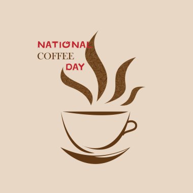 Ulusal kahve gününe adanmış vektör illüstrasyonu. Açık kahverengi arka planda bir fincan kahvenin silueti. Poster, tabela, logo, vs. Tasarımın çeşitli amaçları için.
