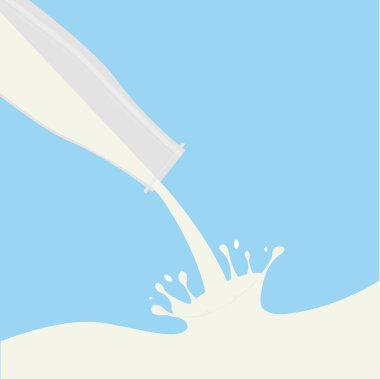 Cam şişeden uçan damlalarla akan süt akıntısı. Vektör çizimi. Mavi arka plan. Banner, logo, imza. Tasarımda çok çeşitli uygulamalar için.