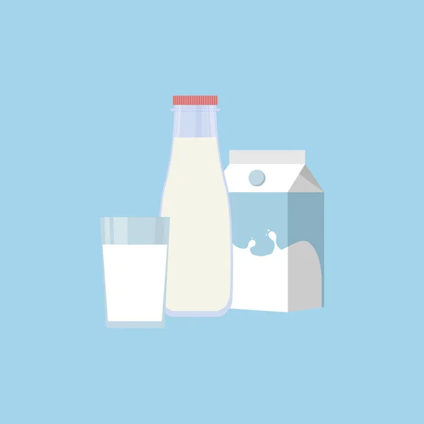 Vector leche naturaleza muerta. Botella, paquete y vaso con leche. Ejecución realista. Fondo azul. Para uso generalizado en la impresión y en la web. — Archivo Imágenes Vectoriales