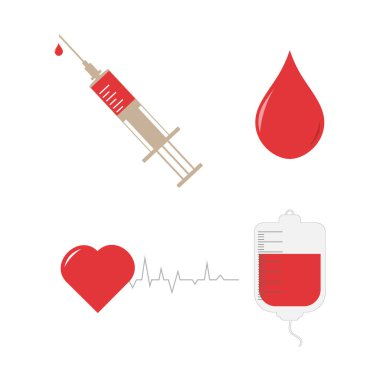 Vektör tıbbi seti beyazda izole edildi. Şırınga, kalp, kardiyogram, damla, kan. Tasarımın çeşitli amaçları için.