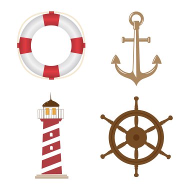 Vector Marine beyaz üzerine izole edildi. Can simidi, çapa, deniz feneri, direksiyon. Tasarımda çok çeşitli uygulamalar için.