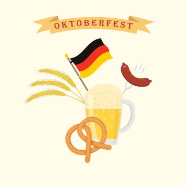 Geleneksel Oktoberfest festivaline adanmış vektör illüstrasyonu. Açık sarı arkaplan. Pankart, poster, imza.
