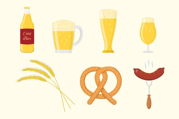 Conjunto vetorial de cerveja isolada em branco. Oktoberfest. Garrafa, caneca e copos com cerveja, pretzel, orelha, salsicha. Para uma grande variedade de aplicações de design. — Vetor de Stock