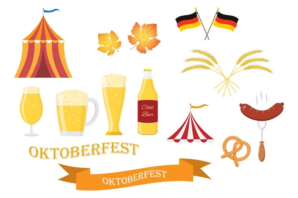 Oktoberfest elszigetelt fehér. Palack, bögre és szemüveg sörrel, perec, fül, kolbász, sátor, zászlók. Tervezési kompozíciók létrehozása. — Stock Vector