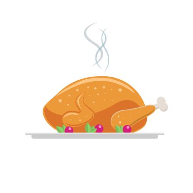 Yaprak ve böğürtlenlerle süslenmiş bir tabakta kızarmış tavuk. Beyaz arkaplanda izole edilmiş vektör illüstrasyonu. Tasarım için simge, işaret, şablon.