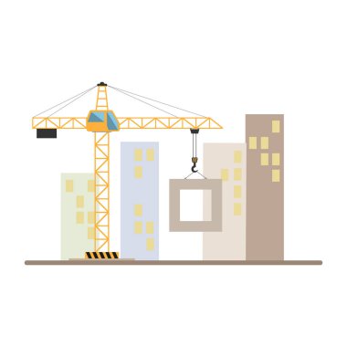 Turna ve inşaat halindeki evler. Vektör illüstrasyonu beyaza izole edildi. Daha fazla çalışma için hazır bir tasarım veya şablon.