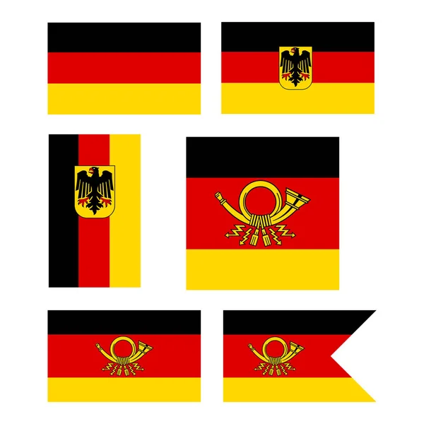 Zestaw narodowych niemieckich flag o różnych kształtach i celach. Ilustracja wektora odizolowana na białym. Elementy konstrukcyjne, znaki, symbole. — Wektor stockowy