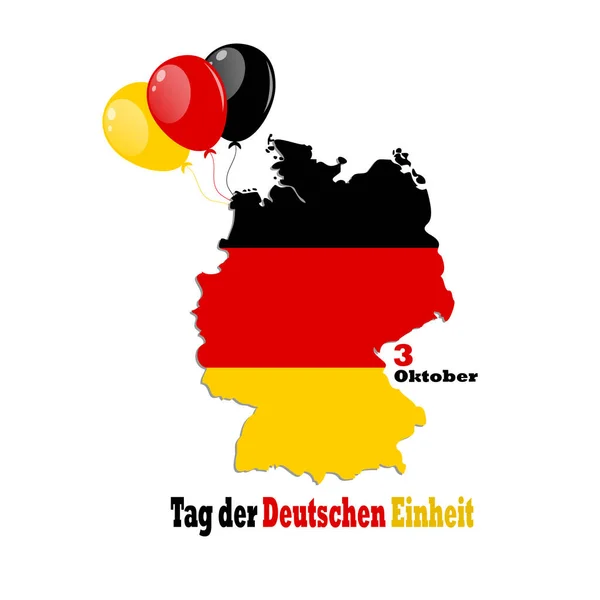 Dia de Unidade alemã 03 de outubro com slogan em alemão. Bandeira da Alemanha em um esboço de mapa decorado com balões. Cartaz, banner, elemento de design. — Vetor de Stock